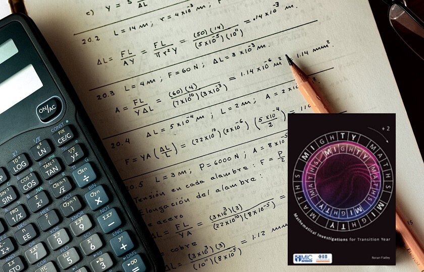 MIC MIghTY maths logo and calculator and papers with mathematical equations